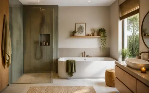 Salle de bain moderne avec douche vitrée, baignoire spacieuse pour un bain relaxant de plusieurs litres, et lavabo en pierre naturelle.