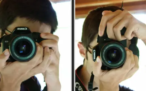 Un jeune homme apprend à photographier, tenant un appareil Canon pour capturer son reflet.