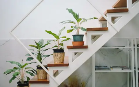 Plantas en macetas de mimbre decoran la subida de escalera interior, aportando vida y frescura.