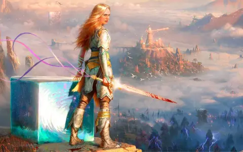 Kobieta z mieczem, gotowa do walki w nowym świecie God of War. W tle mgliste krajobrazy i latające stworzenia.