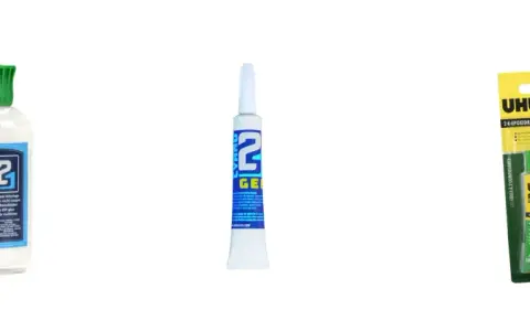 Three glues for models: a bottle of "DIORAMA super glue," a tube of "2 GEL," and a UHU PLUS ENDFEST epoxy kit.