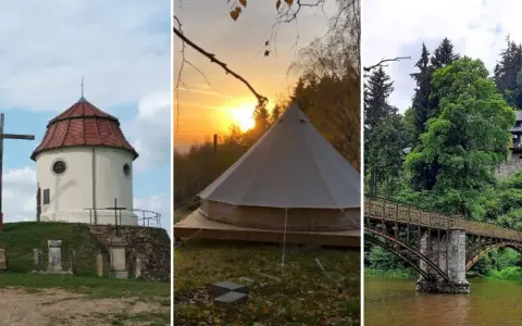 Romantyczne miejsca Dolny Śląsk: kaplica na wzgórzu, namiot glampingowy o zachodzie słońca, zabytkowy most nad rzeką.