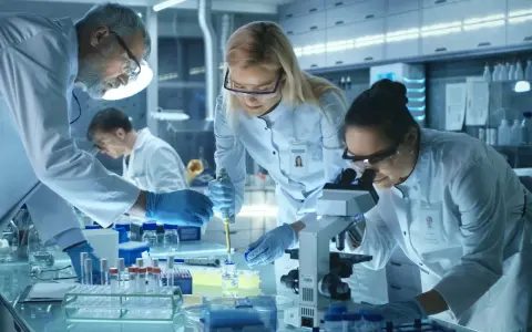 Naukowcy w laboratorium kryminalistycznym pracują nad próbkami. Zastanawiasz się, ile zarabia osoba w laboratorium kryminalistycznym?