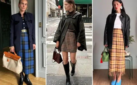 Tre donne sfoggiano gonne con la classica trama Burberry: una blu, una marrone e una gialla.