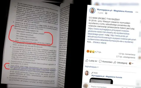 Rodzice rozmawiają z dzieckiem o karze. W tle widać fragment książki o wychowaniu, gdzie mowa o przysiędze małżeńskiej.