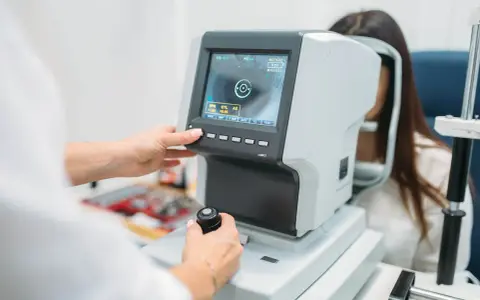 Badanie dna oka w ciąży. Lekarz wykonuje pomiar refrakcji u pacjentki za pomocą nowoczesnego urządzenia.