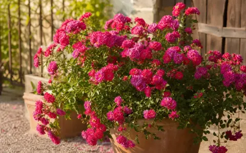 Üppige, pinke Rosenbüsche in Terrakotta-Töpfen, die zum Rosen pflanzen einladen. Ein Hauch von Sommer.