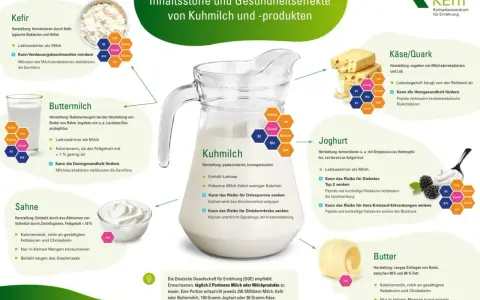Die DGE empfiehlt täglich 2 Portionen Milchprodukte. Eine Portion sind 250 ml Milch, Kefir, Buttermilch oder 150g Joghurt.
