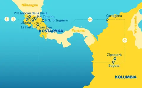 Mapa pokazuje, gdzie leży Kostaryka, między Nikaraguą a Panamą. Zaznaczone są lotniska i główne miasta.