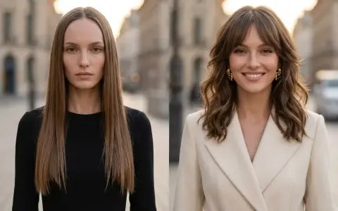 Dwie kobiety z pociągłą twarzą. Jedna z prostymi włosami, druga z falowanymi. Idealne fryzury dla twarzy pociągłej szczupłej.