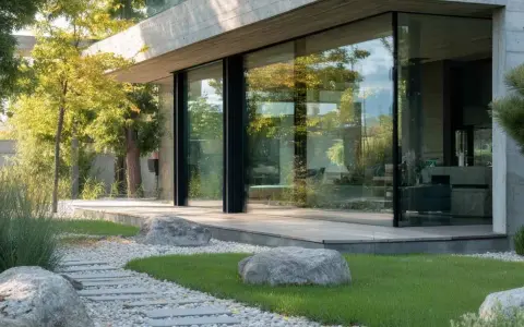 Una moderna casa con una **ventana panorámica** que refleja el verde jardín y los árboles.