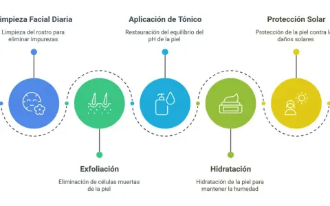Rutina de tratamiento facial: limpieza, exfoliación, tónico, hidratación y protección solar para una piel radiante.