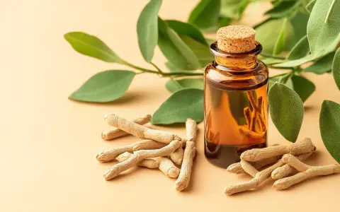 Flacon d'huile ambrée à côté de racines séchées d'ashwagandha, évoquant ses bienfaits naturels pour le bien-être.