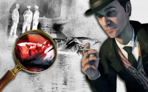 Sherlock Holmes gra. Detektyw z papierosem w dłoni analizuje dowody z miejsca zbrodni pod lupą.