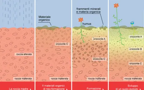 Evoluzione del suolo: dalla roccia madre alla formazione di humus e orizzonti, con acidi umici che nutrono la vita.
