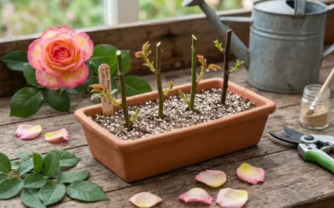 Boutures de rosier en terre, prêtes à prendre racine. Une belle rose rose et jaune à côté, avec des pétales tombés.