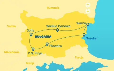 Mapa turystyczna Bułgarii z zaznaczoną trasą przez Sofię, Płowdiw, Wielkie Tyrnowo, Warnę i Nesebyr. Widoczne wybrzeże Bułgarii.