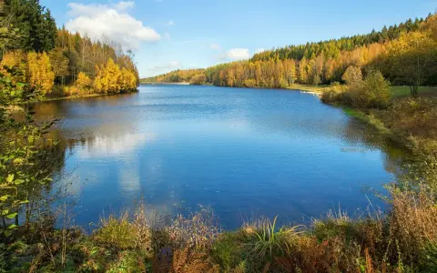 Herbstliche Farben umrahmen die Talsperre Falkenstein. Das Wasser spiegelt den blauen Himmel und die bunten Bäume wider.