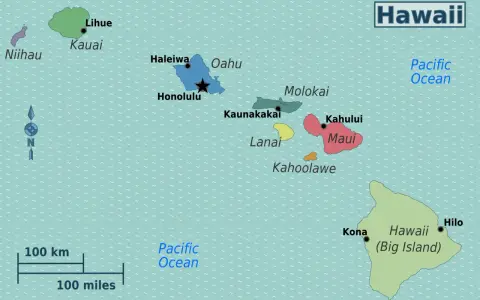 Mapa pokazuje, gdzie leżą Hawaje na mapie Pacyfiku, z zaznaczonymi wyspami: Kauai, Oahu, Maui, Molokai, Lanai, Kahoolawe i Hawaii (Big Island).