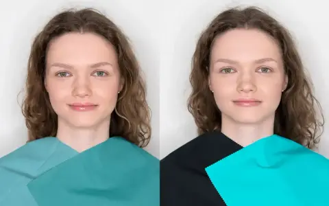 Kobieta o brązowych włosach, z zielonymi oczami, prezentuje typ urody lato. Kolory tkanin podkreślają jej subtelne piękno.
