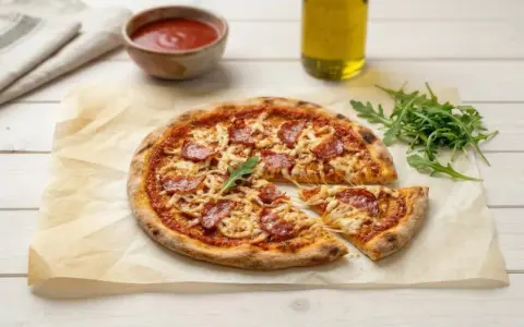 Pyszne, chrupiące ciasto na pizzę bez wyrastania z pikantnym salami i ciągnącym serem. Idealna na szybki obiad.
