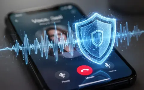 Ein Smartphone zeigt einen Anruf mit einem digitalen Schild, das Sicherheit symbolisiert. Wellenformen deuten auf Stimmen hin, was die Gefahr von Vishing verdeutlicht.