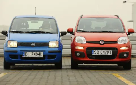 Dwa Fiaty Panda, niebieski i czerwony, stoją obok siebie.