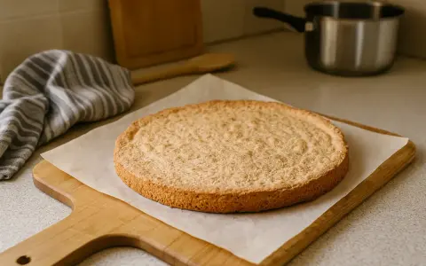 Une dacquoise amande dorée, prête pour une délicieuse recette. Sur une planche en bois, avec une serviette à rayures et une casserole en arrière-plan.