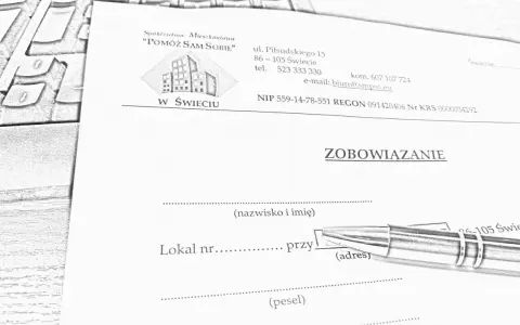 Szkic dokumentu "Zobowiązanie" spółdzielni mieszkaniowej z długopisem.