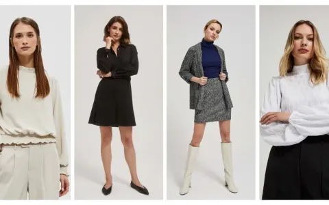 Eleganckie stylizacje do szkoły: beżowy komplet, czarna sukienka, tweedowy zestaw i biała bluzka z czarnymi spodniami.