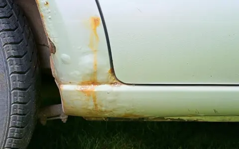 Rdza na progu samochodu i pęcherze pod lakierem. Aby zapobiec korozji, należy regularnie konserwować auto.