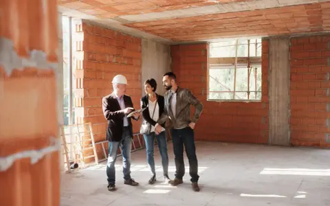 Inżynier prezentuje klientom cennik usług budowlanych na budowie.