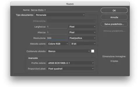 Finestra di dialogo "Nuovo" con risoluzione impostata a 300 ppi, metodo colore RGB e sfondo bianco.