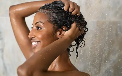 Frau wäscht sich unter der Dusche die Haare. Sie fragt sich, wie oft Haare waschen am besten ist.