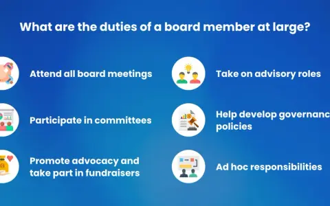 Duties of a board member at large: attend meetings, participate in committees, promote advocacy, take advisory roles, help develop policies, and handle ad hoc responsibilities.