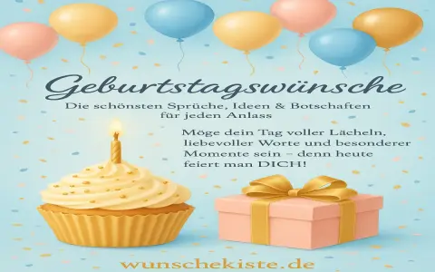 Geburtstagskuchen mit Kerze, Geschenkbox und Ballons vor blauem Hintergrund.