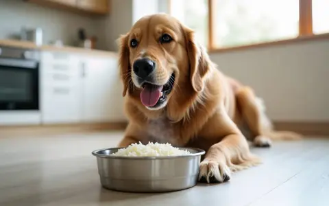Złoty retriever leży obok miski z ryżem, zastanawiając się, czy pies może jeść ryż.