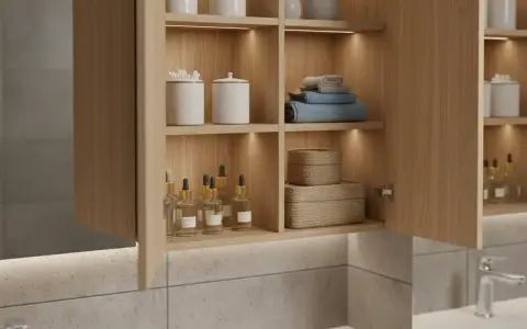 Belle idée rangement salle de bain : étagères en bois clair avec produits, serviettes et paniers tressés.