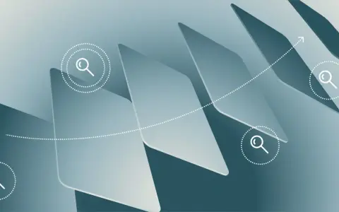 Abstract geometric shapes with magnifying glass icons and a dotted line with an arrow, symbolizing the search for business credit with no personal guarantee.