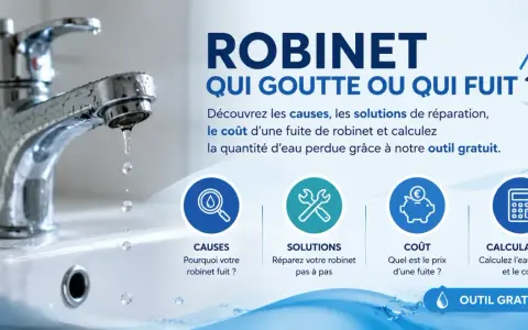 Un robinet chromé goutte dans un lavabo blanc. Le texte explique pourquoi un robinet goutte et propose des solutions.