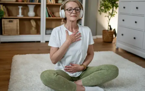 Kvinna med hörlurar sitter på en matta och utövar meditation och andning. Hennes ögon är slutna och hon har händerna på bröstet och magen.