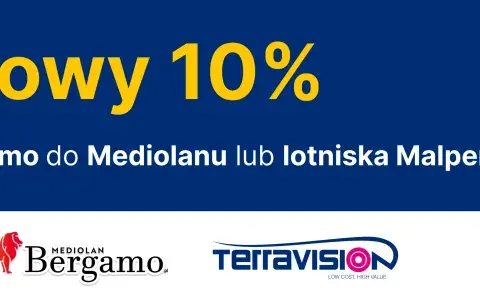 Kod rabatowy 10% na transfer z lotniska Bergamo do Mediolanu lub Malpensa. Logo Bergamo i TerraVision.