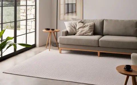 Un salón moderno con un sofá gris, una alfombra de diseño y una mesa auxiliar.