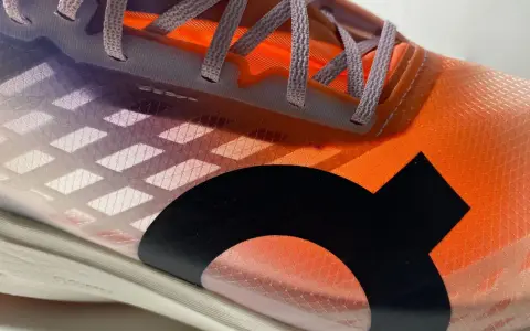 La tomaia di una scarpa da corsa arancione e viola con lacci grigi e un logo nero.