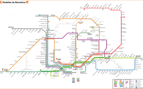 Mapa turystyczna Barcelony z liniami kolejowymi Rodalies. Zobacz, jak łatwo zaplanować podróż po mieście i okolicach.