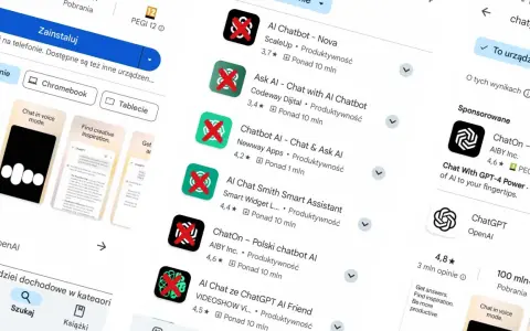 Szukaj aplikacji ChatGPT w sklepie. Widzisz oficjalną aplikację OpenAI i inne podobne.