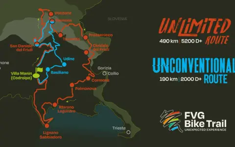 Mappa del FVG Bike Trail con due percorsi: Unlimited (490 km) e Unconventional (190 km).