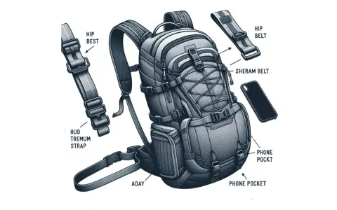 Ilustración detallada de las partes de una mochila escolar, mostrando correas, cinturones y bolsillos para el teléfono.
