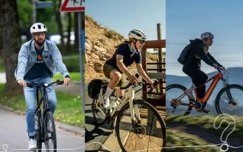 Drei Radfahrer auf unterschiedlichen Fahrrädern: ein Mann auf einem Pendler-Bike in der Stadt, eine Frau auf einem Rennrad auf einem Radweg und eine Frau auf einem E-Bike in bergiger Landschaft.