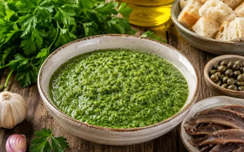 Una ciotola di salsa verde, perfetta per la tua ricetta, con ingredienti freschi come prezzemolo, aglio, capperi e acciughe.